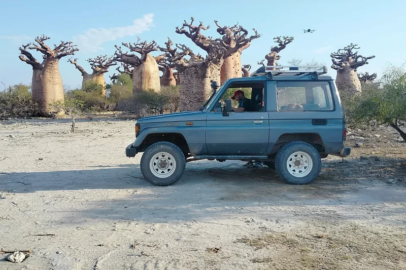 Le Toyota Land Cruiser LJ70 bleu, trois portes, parmi les baobabs