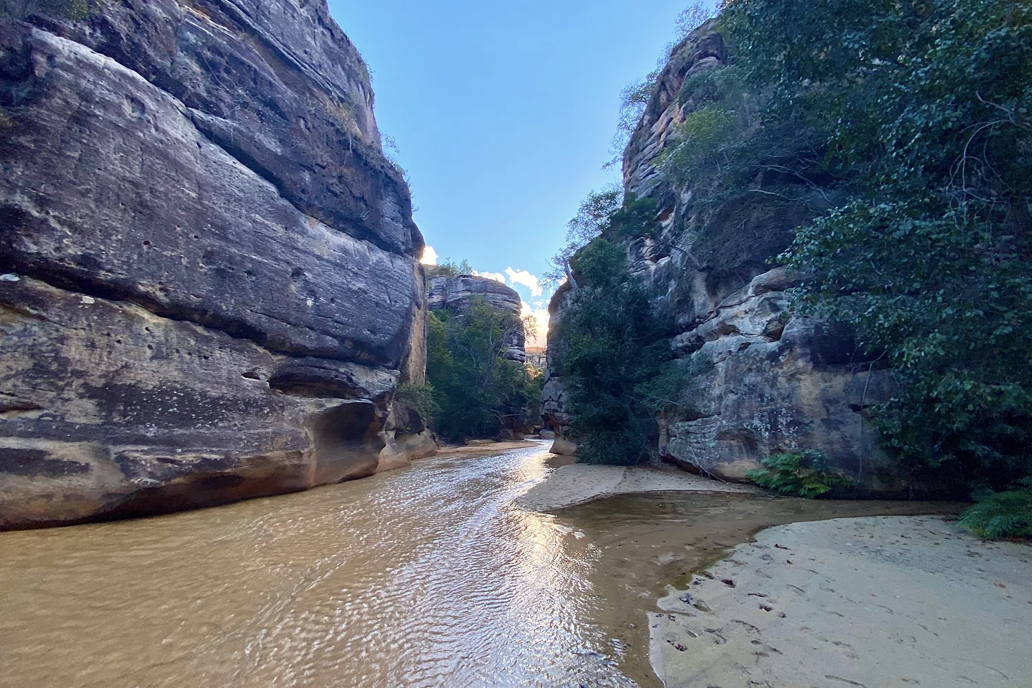 Une rivière peu profonde entre les hautes falaises de grès du massif du Makay