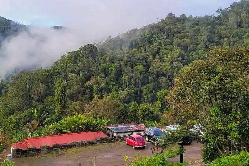 Misty rainforest above a lodge car park with a red Renault 4 in Ranomafana
