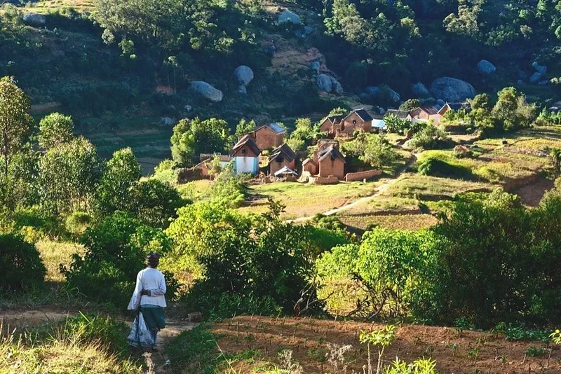 A woman walks down a path towards a brick village in the highlands of Madagascar